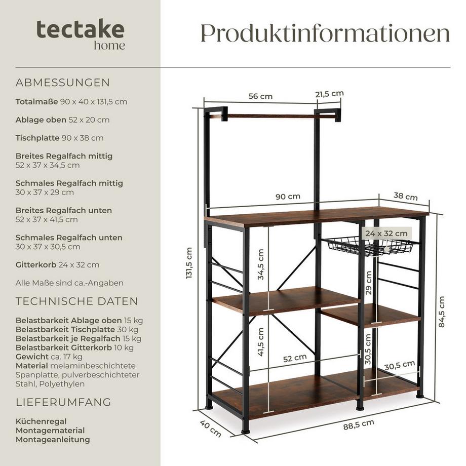 Tectake Étagère de cuisine CRAWLEY style industriel  
