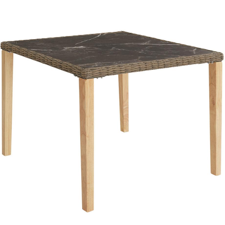 Tectake Rattan Tisch Tarent mit Aluminium- und Holzgestell abnehmbare Feinsteinzeugplatte  