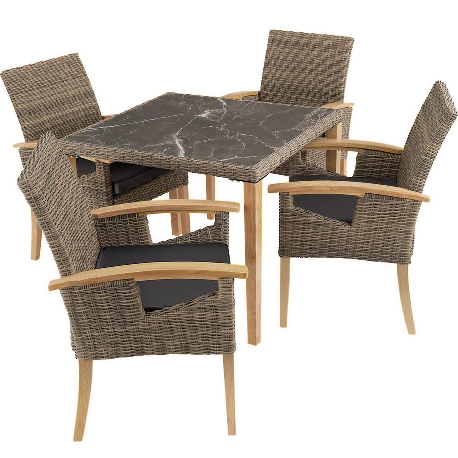 Tectake Rattan Tisch Tarent mit Aluminium- und Holzgestell abnehmbare Feinsteinzeugplatte  