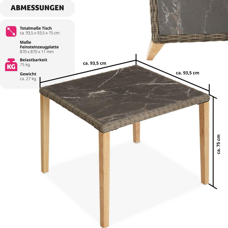 Tectake Rattan Tisch Tarent mit Aluminium- und Holzgestell abnehmbare Feinsteinzeugplatte  