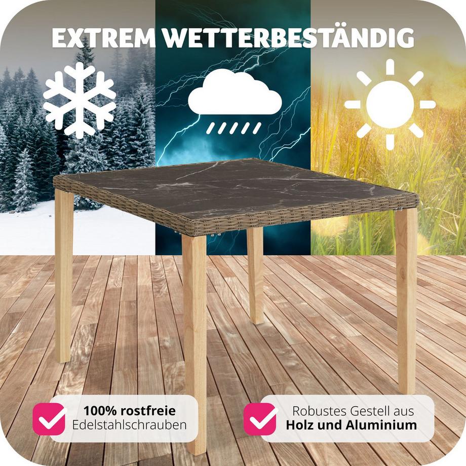 Tectake Rattan Tisch Tarent mit Aluminium- und Holzgestell abnehmbare Feinsteinzeugplatte  