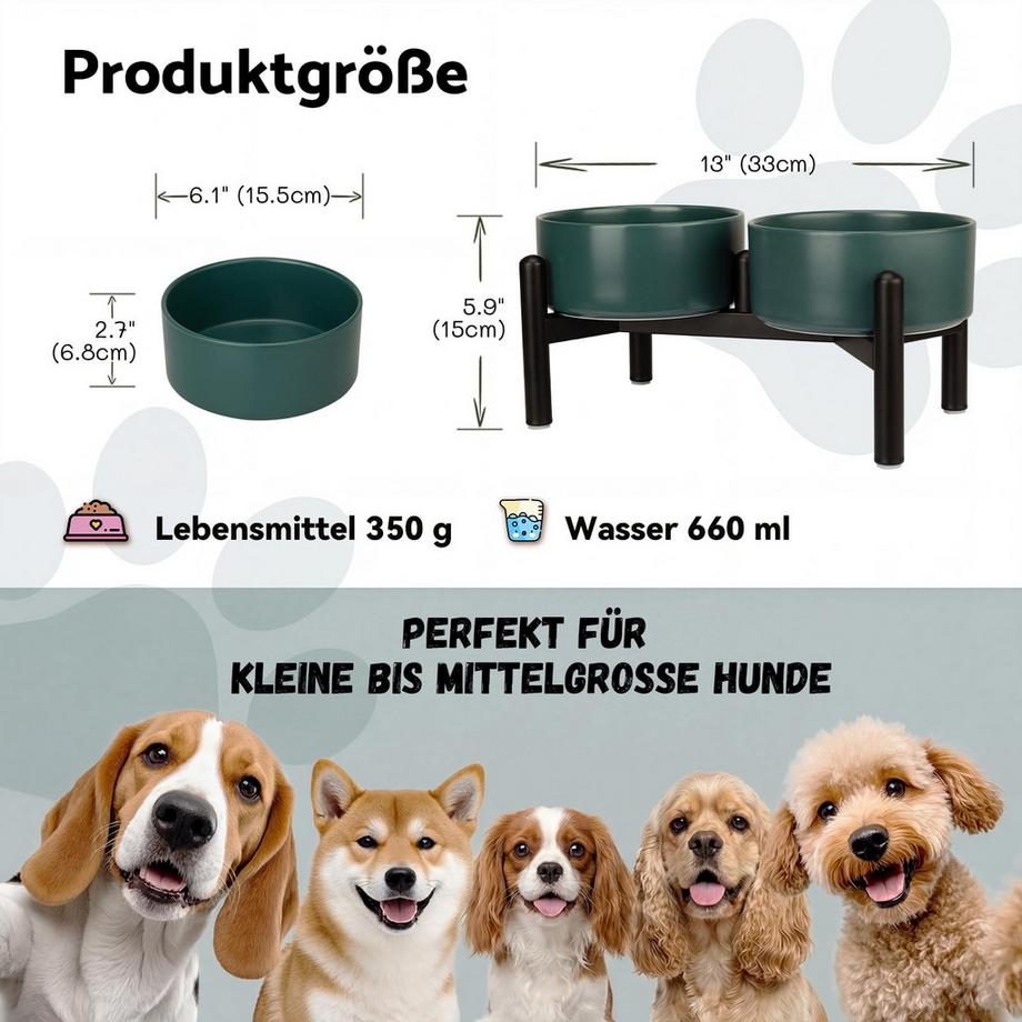 Alopini  Ensemble de Bols de Nourriture pour Chien - Double Bol de Nourriture en Céramique avec Support en Acier Inoxydable 