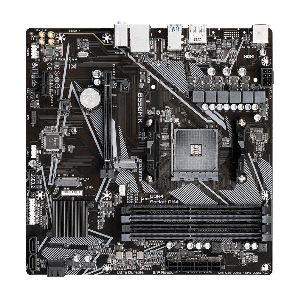 Gigabyte  B550M K Carte mère - Processeurs AMD Ryzen 5000, jusqu'à 4733 MHz DDR4, 1xPCIe 4.0 + 1xPCIe 3.0 M.2, LAN 1GbE, USB 3.2 Gen 1 
