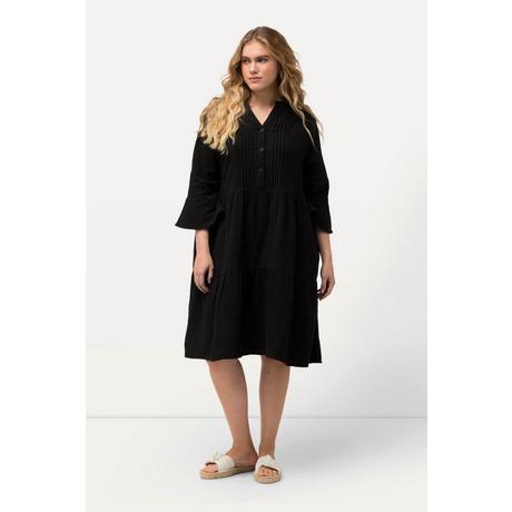 Ulla Popken  Robe en mousseline, col tunisien et manches 3/4, silhouette en A évasée 