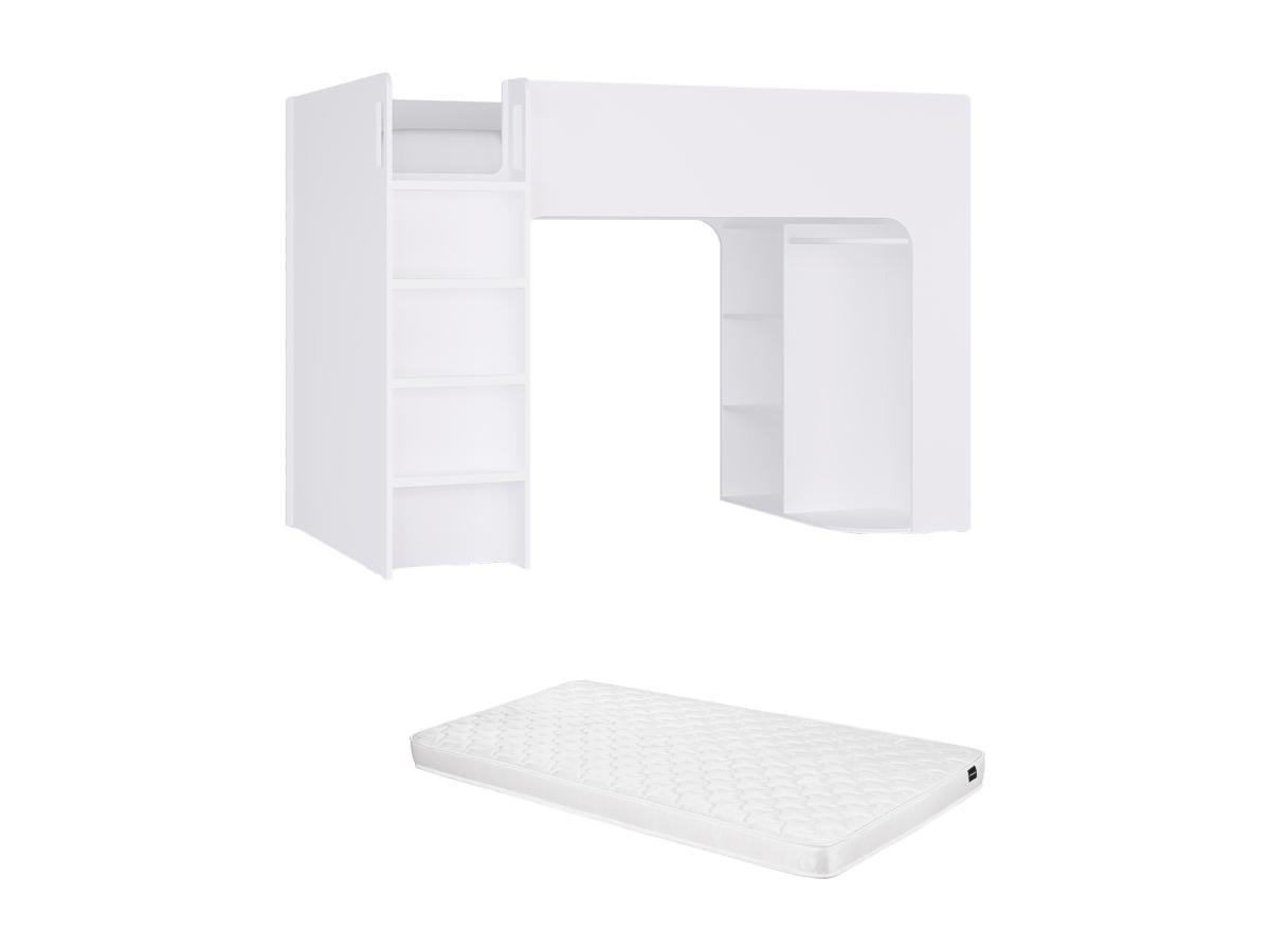 Vente-unique Lit mezzanine 90 x 190 cm avec rangements - Blanc - Avec matelas - COLUMI  