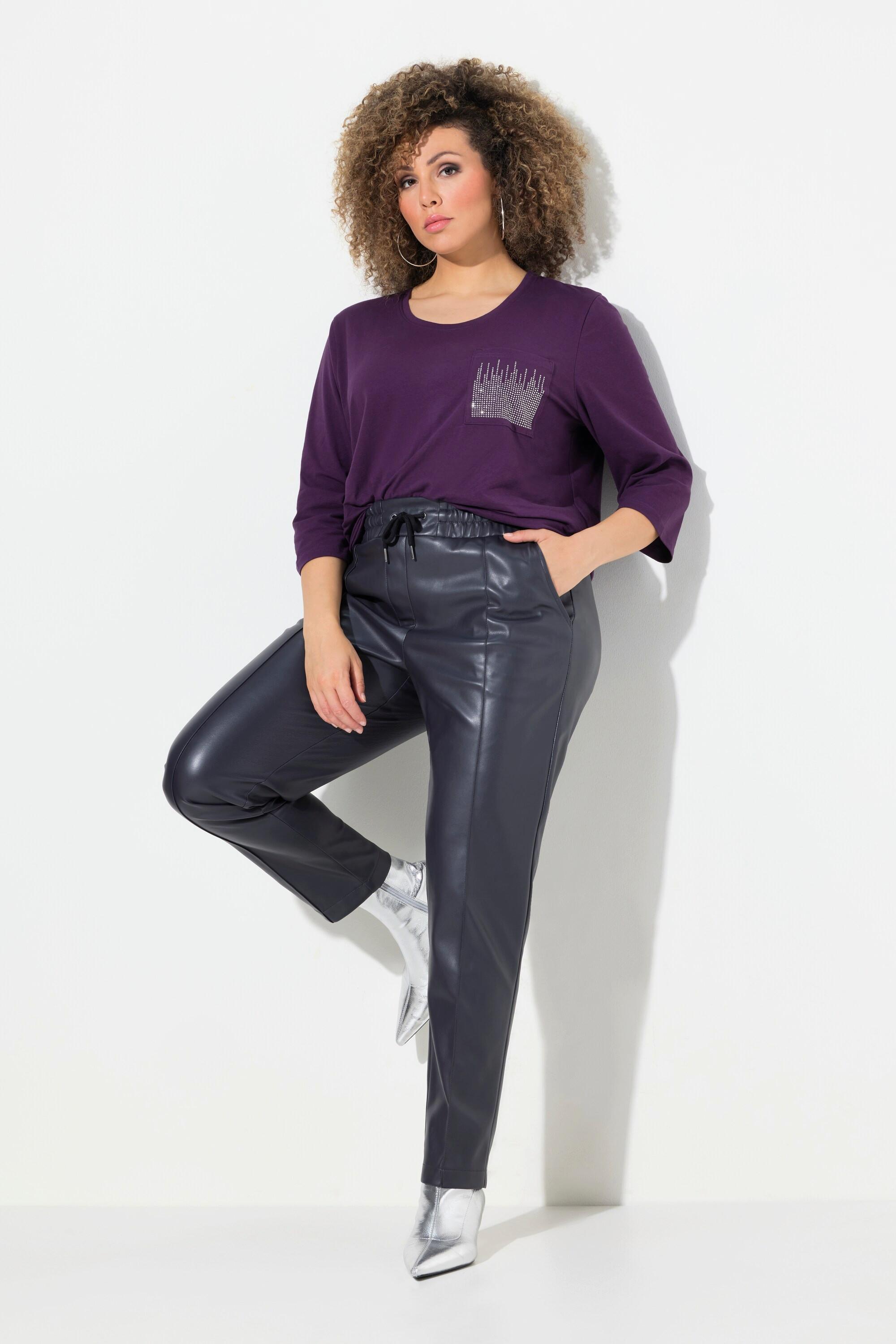 Ulla Popken  Pantalon 7/8 en similicuir. Passepoils et taille élastique 