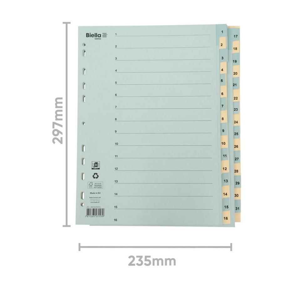 Biella BIELLA Register Karton blau/gelb A4 462443.00 1-31, 4 Loch  