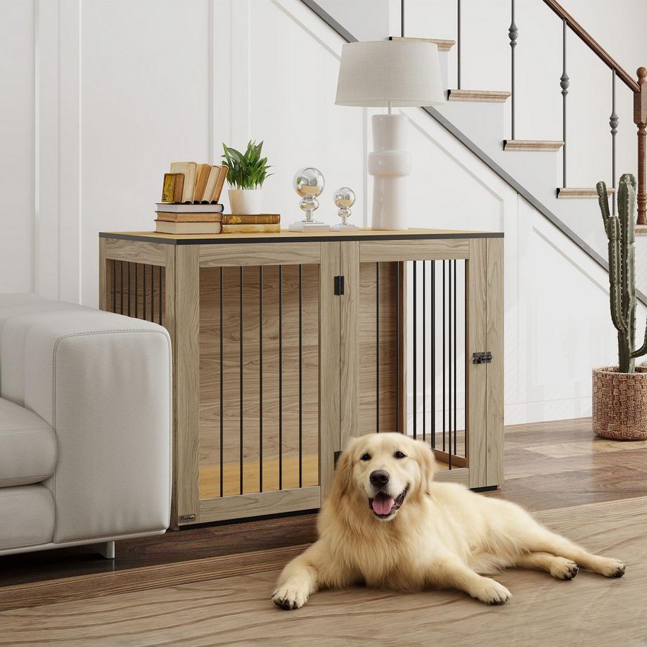 Northio  Meubles pour cage à chien, niche pour chien avec porte et fenêtre, table d'appoint pour la maison, niche pour grands chiens de moins de 30 kg, acier, 106 x 60 x 76 cm, chêne 