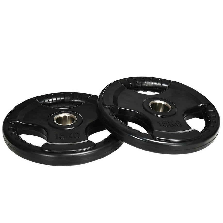Lot De 2 Disques De Musculation Tri-Grip 2 X 15 Kg, Disques Olympiques Caoutchoutés, Respectueux Du Sol, Alésage 5 Cm, Trois Poignées, Musculation