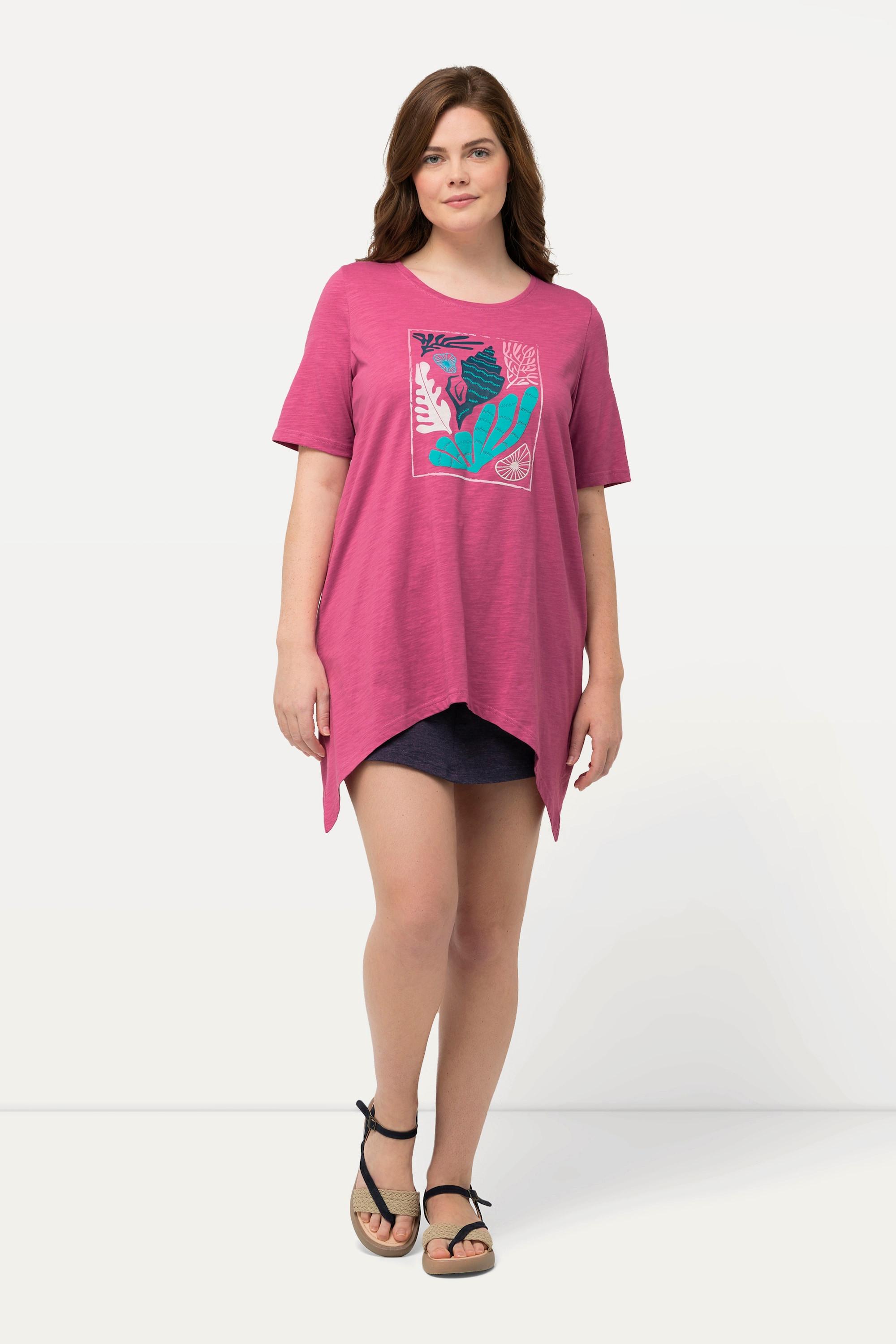 Ulla Popken  T-shirt en coton bio, imprimé corail, col en V et manches courtes 