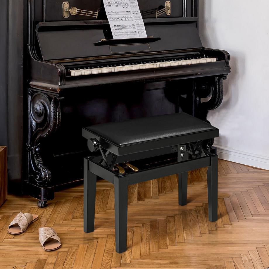 Northio Sgabello Per Pianoforte, Panca Per Pianoforte Regolabile In Altezza Con Cuscino In Pelle, Panca Per Pianoforte, Ecopelle, Legno Di Gomma, Nero, 63 X 33 X 45-56 Cm  
