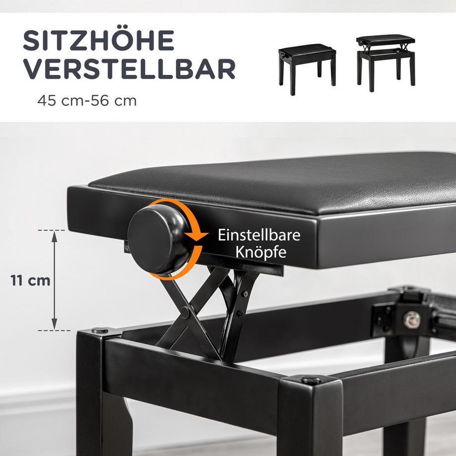Northio Sgabello Per Pianoforte, Panca Per Pianoforte Regolabile In Altezza Con Cuscino In Pelle, Panca Per Pianoforte, Ecopelle, Legno Di Gomma, Nero, 63 X 33 X 45-56 Cm  