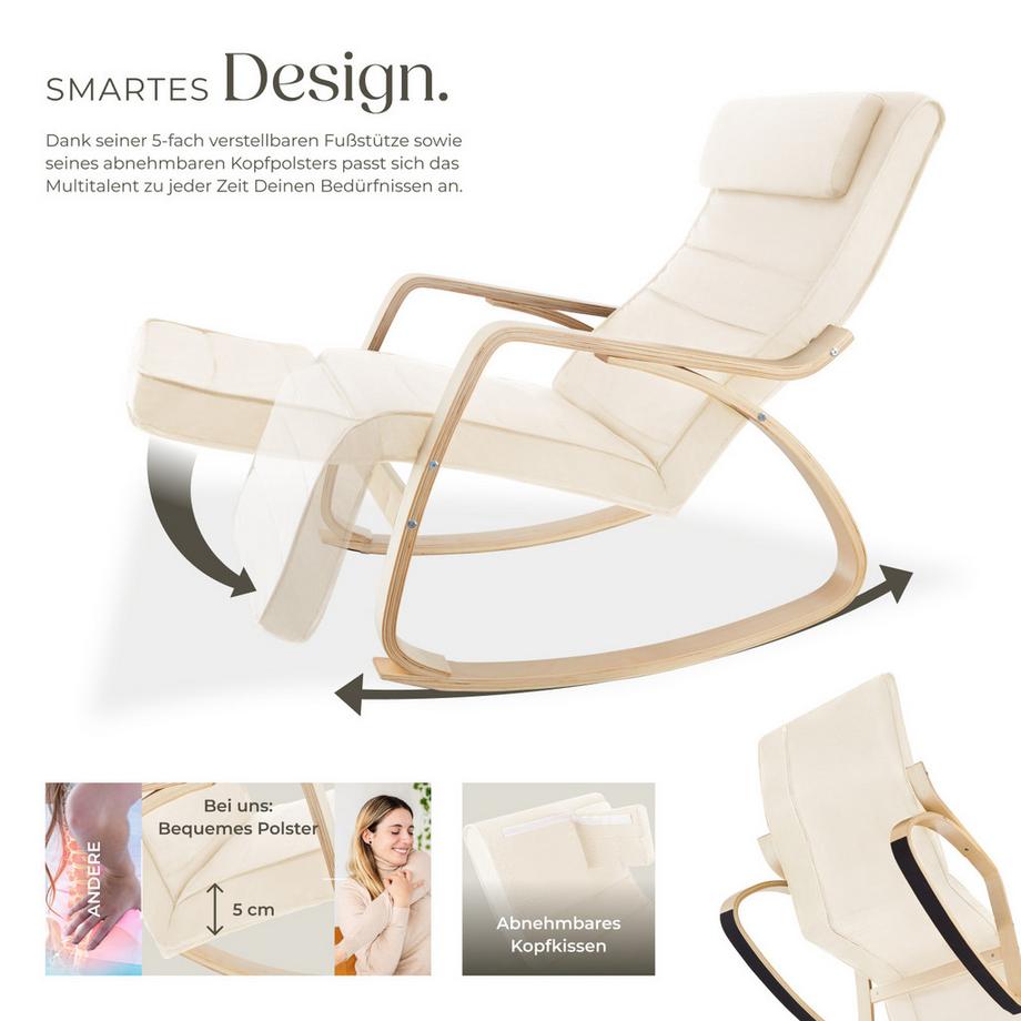 Tectake Schaukelstuhl Onda mit Armlehnen, Gestell aus Birkenholz bequeme Polsterung mit Kopfkissen  