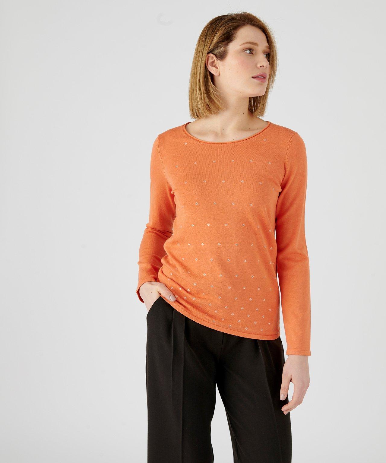 Image of Pullover Aus Fliessendem Feinstrick, Goldfarbene Grafikmotive Im Vorderteil. Damen Orange 46/48