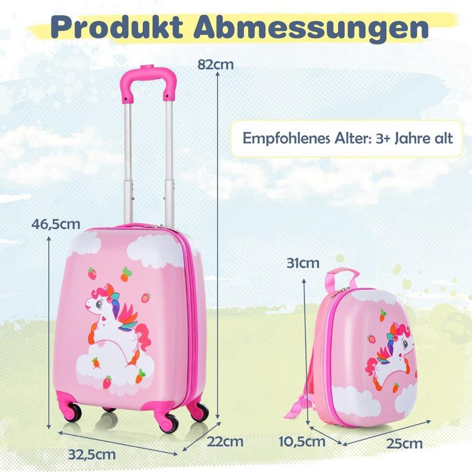 Northix  2tlg Kinderkoffer + Rucksack aus Kunststoff Kindertrolley Kindergepäck 12"+16" Rosa Unicorn 