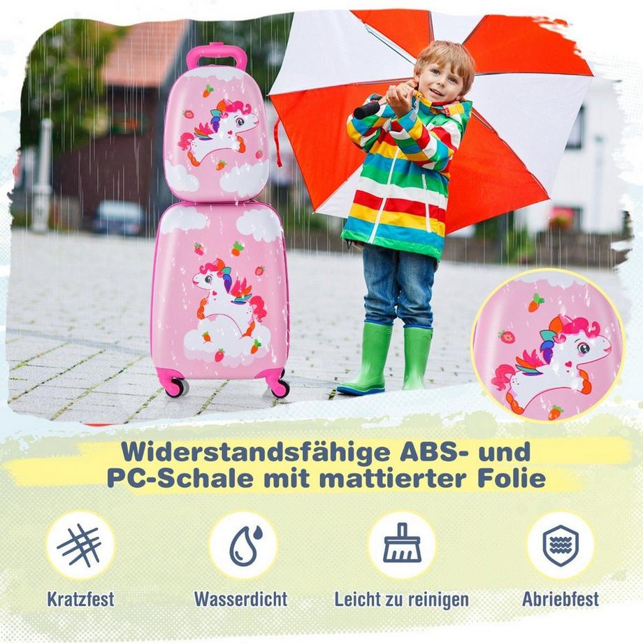 Northix  2tlg Kinderkoffer + Rucksack aus Kunststoff Kindertrolley Kindergepäck 12"+16" Rosa Unicorn 