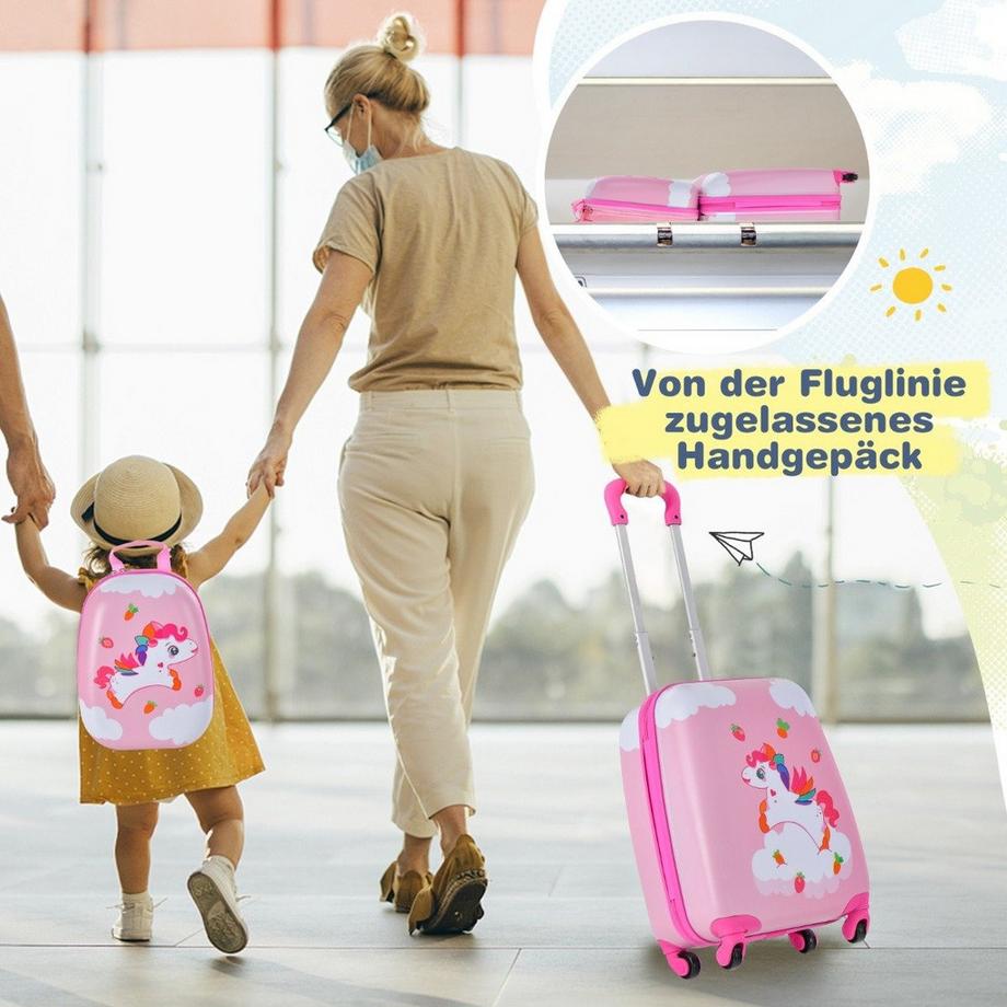 Northix  2tlg Kinderkoffer + Rucksack aus Kunststoff Kindertrolley Kindergepäck 12"+16" Rosa Unicorn 
