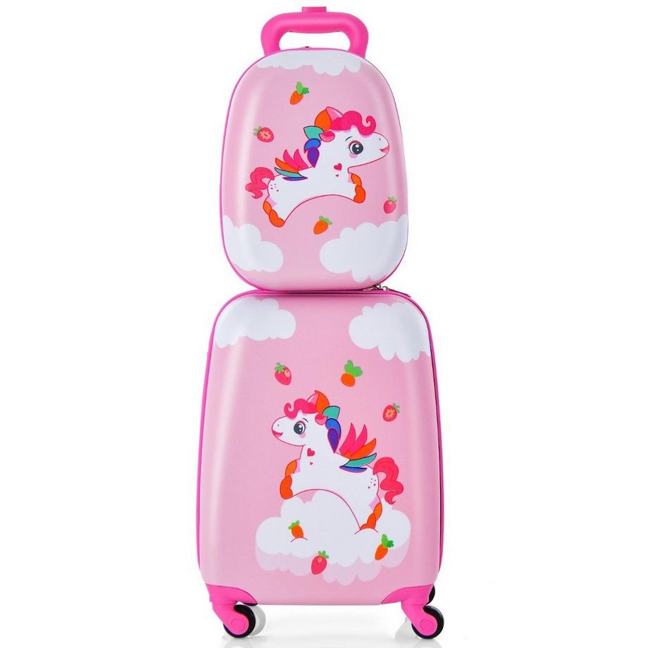 Northix  2tlg Kinderkoffer + Rucksack aus Kunststoff Kindertrolley Kindergepäck 12"+16" Rosa Unicorn 