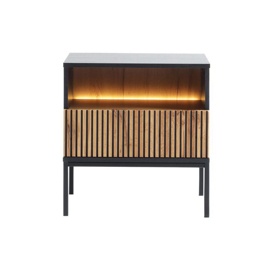 Vente-unique Table de chevet avec 1 tiroir et 1 niche - Avec LEDs - Noir et naturel - OVILA  
