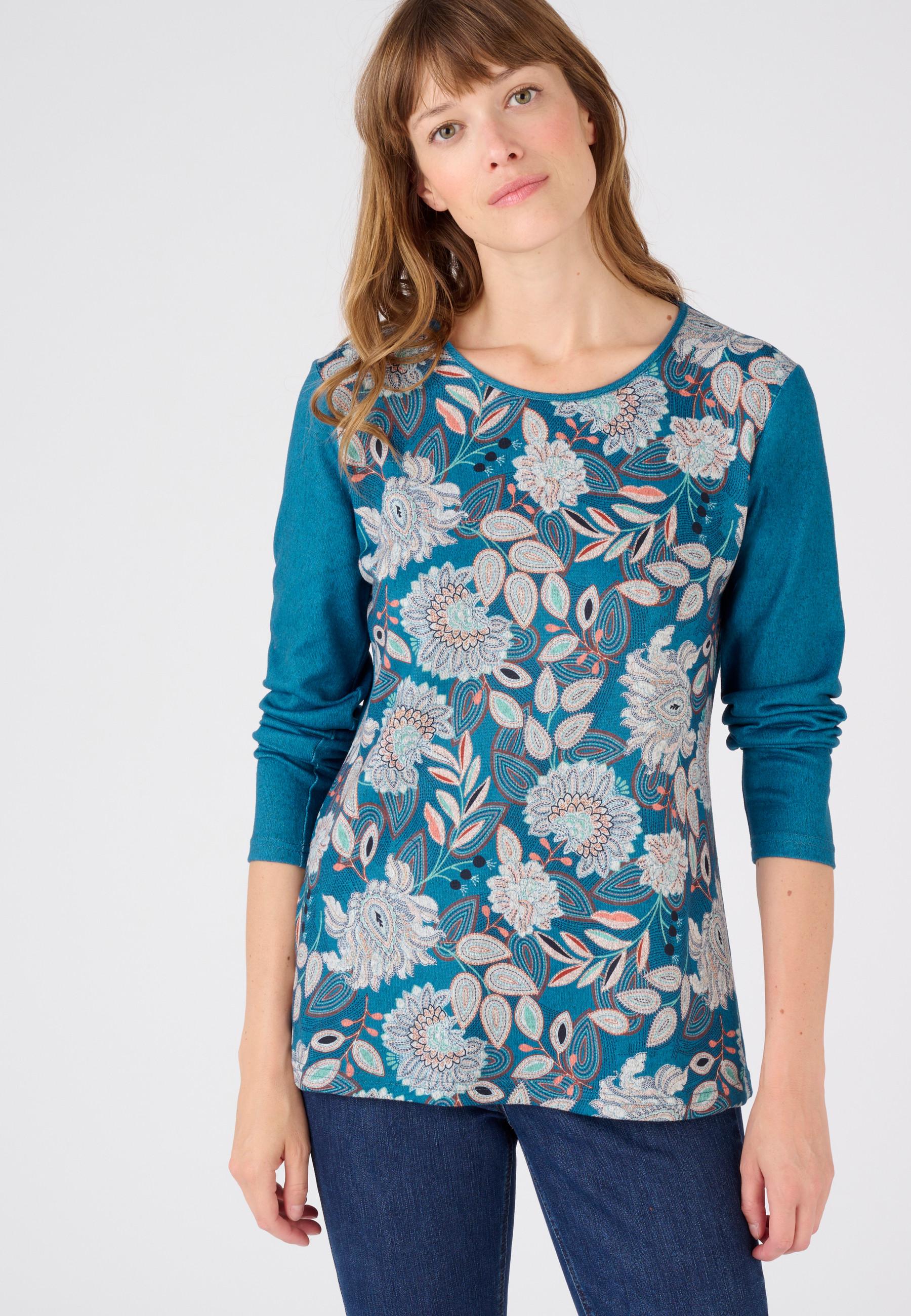 Image of Geblümtes T-shirt Aus Warmem Gewebe, Druckmotiv Im Vorderteil. Damen Grün 54/56