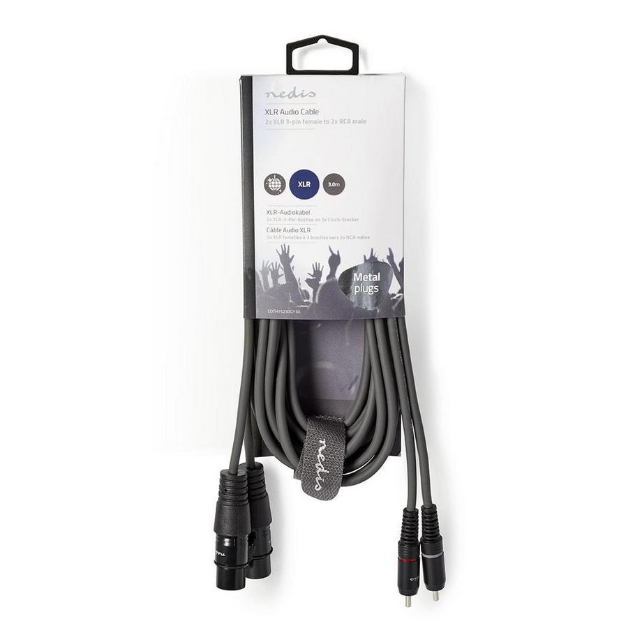Nedis  Câble audio symétrique | 2x XLR 3-Pin Femelle | 2x RCA Mâle | Nickelé | 3.00 m | Rond | PVC | Gris foncé | Gaine en carton 