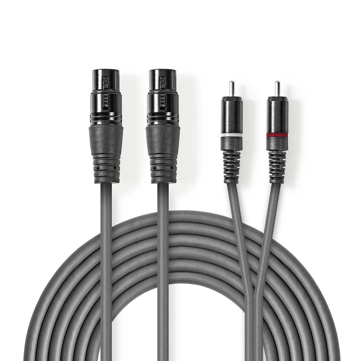 Symmetrisches Audiokabel | 2x XLR 3-Pin Female | 2x RCA Male | Vernickelt | 3,00 m | Rund | PVC | Dunkelgrau | Papphülle