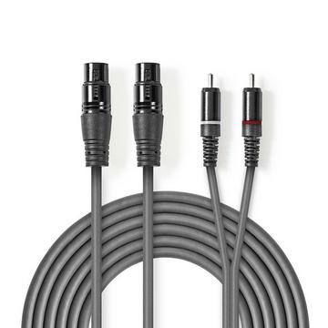 Câble audio symétrique | 2x XLR 3-Pin Femelle | 2x RCA Mâle | Nickelé | 3.00 m | Rond | PVC | Gris foncé | Gaine en carton