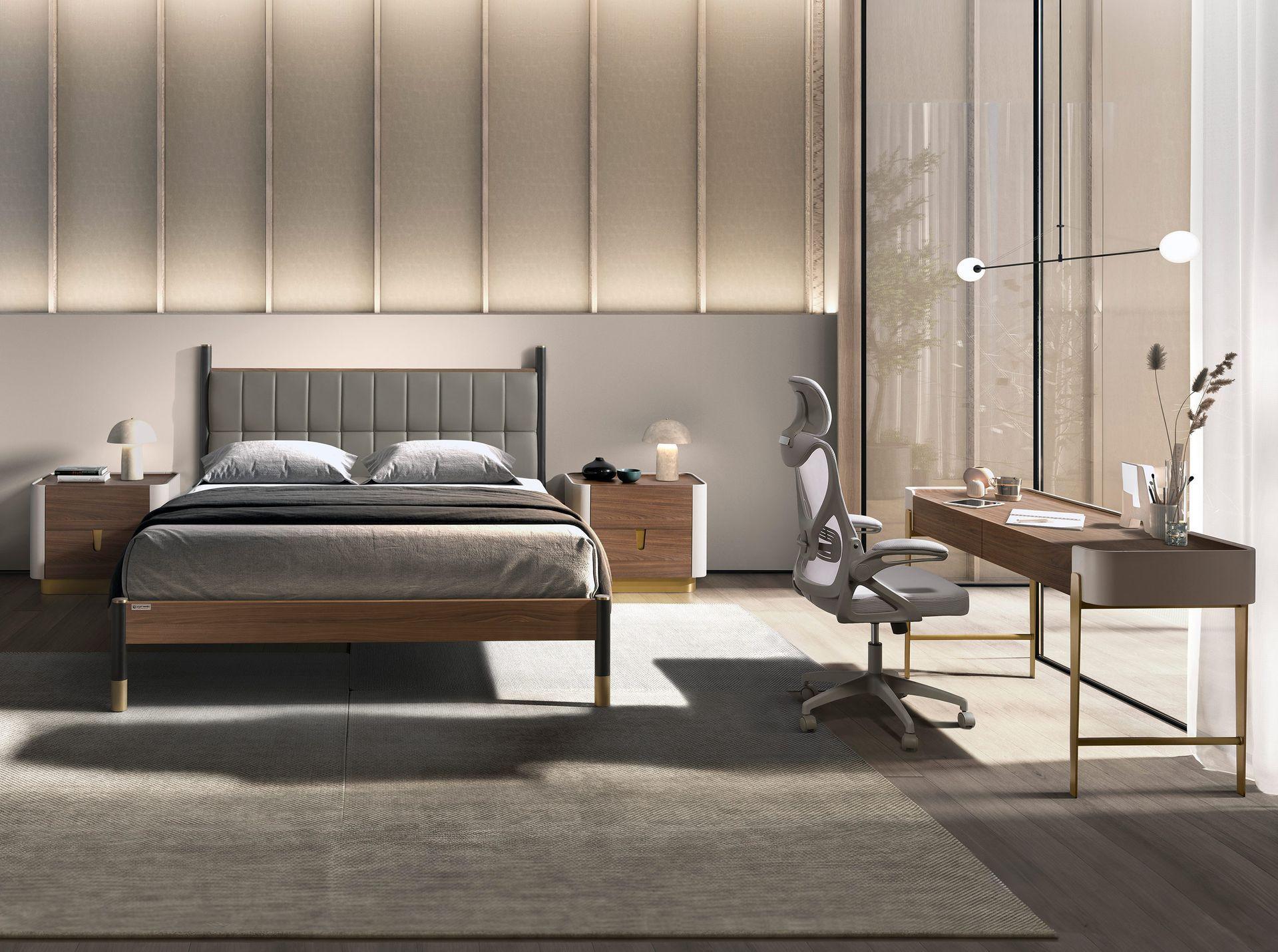 ANGEL CERDA Bureau en noyer, beige et acier poli doré  