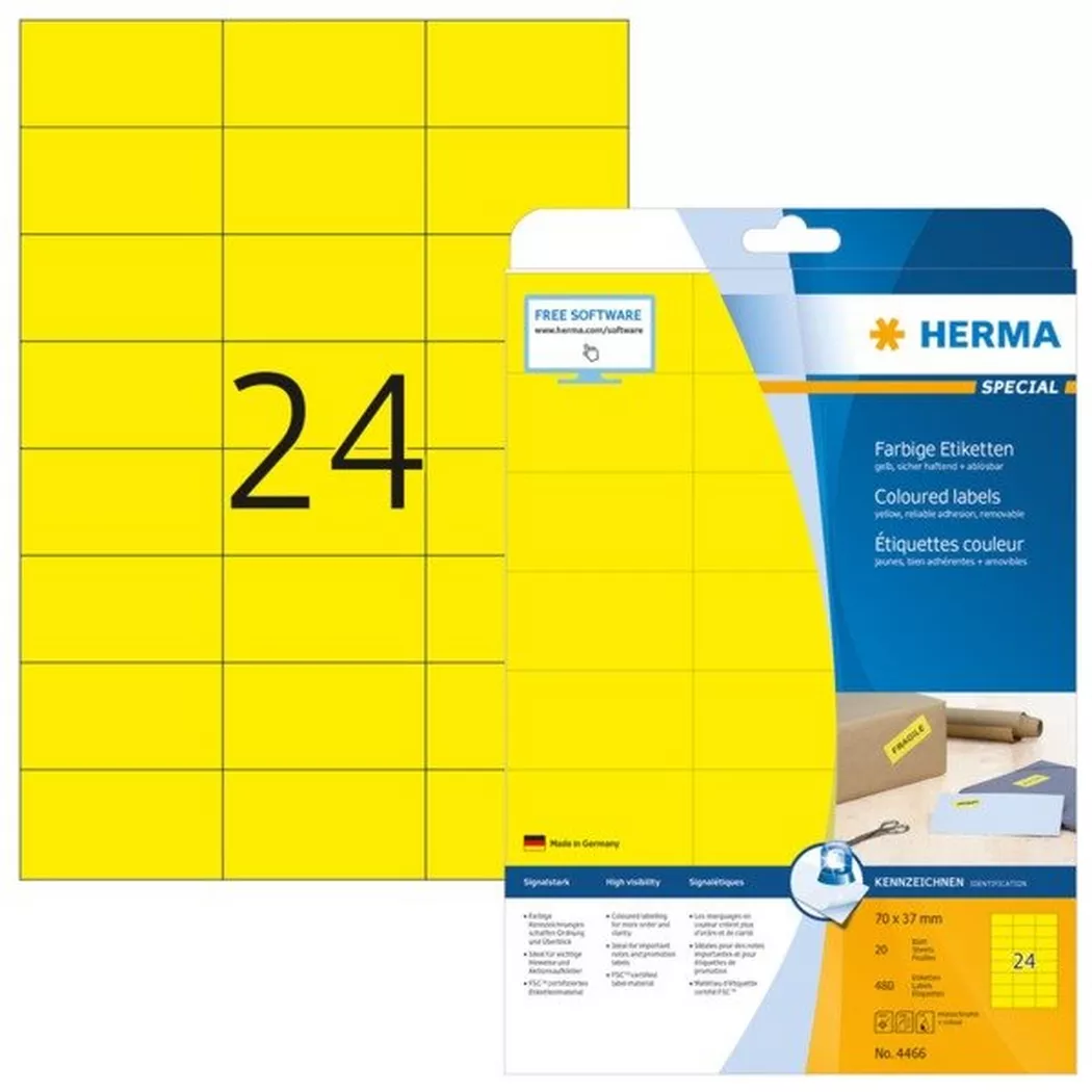 HERMA – Universal-Etiketten 70x37mm 4466 gelb 480 St./20 Blatt, One Size