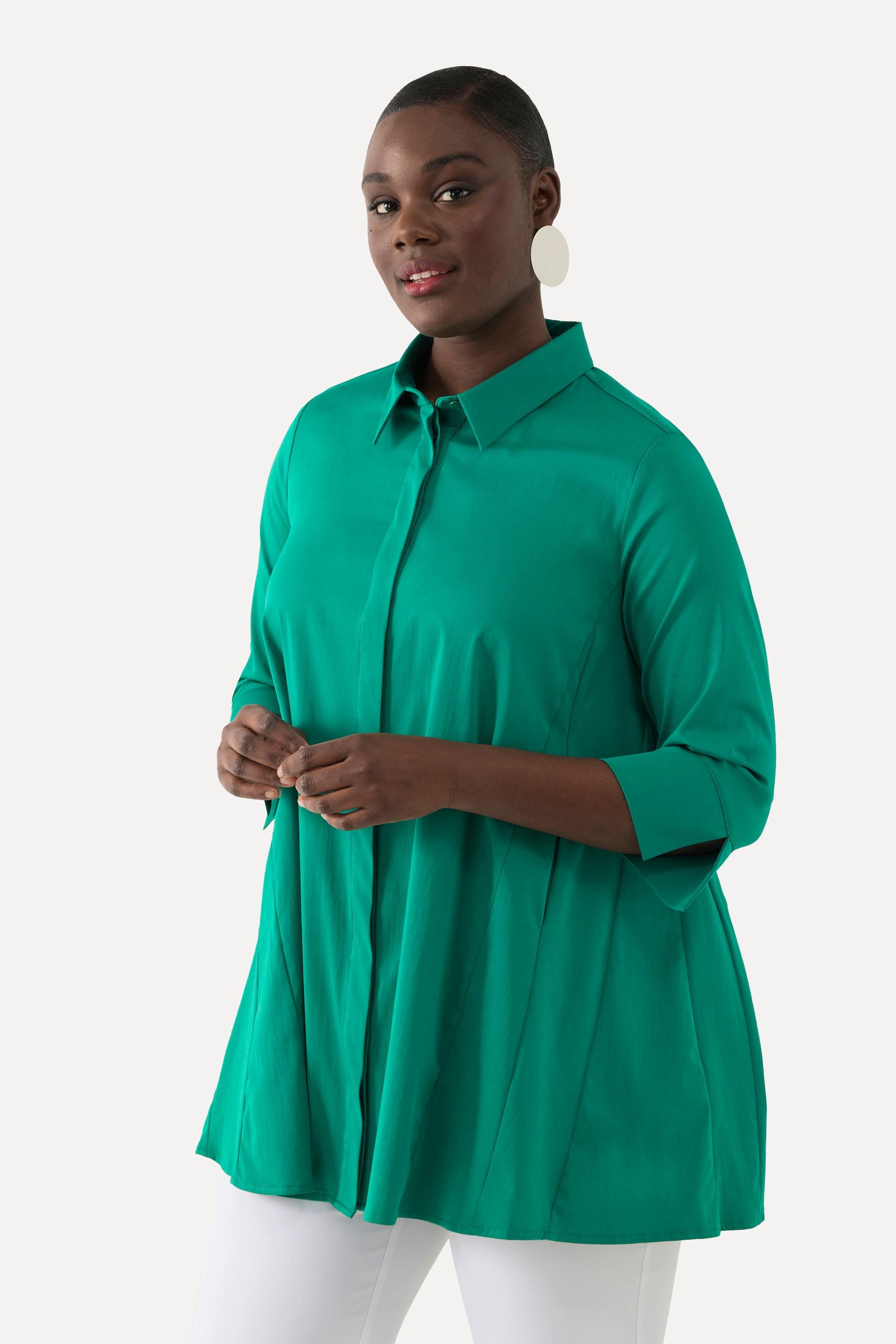 Ulla Popken  Bluse, Godeteinsätze, A-Linie, Hemdkragen, 3/4-Arm 