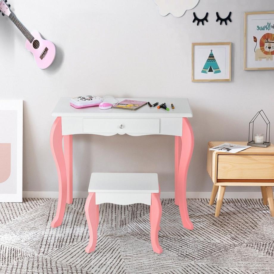 Northix  Coiffeuse enfant avec tabouret Coiffeuse princesse avec 3 tiroirs et miroir blanc 