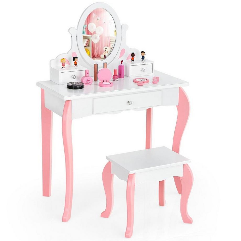 Northix  Coiffeuse enfant avec tabouret Coiffeuse princesse avec 3 tiroirs et miroir blanc 