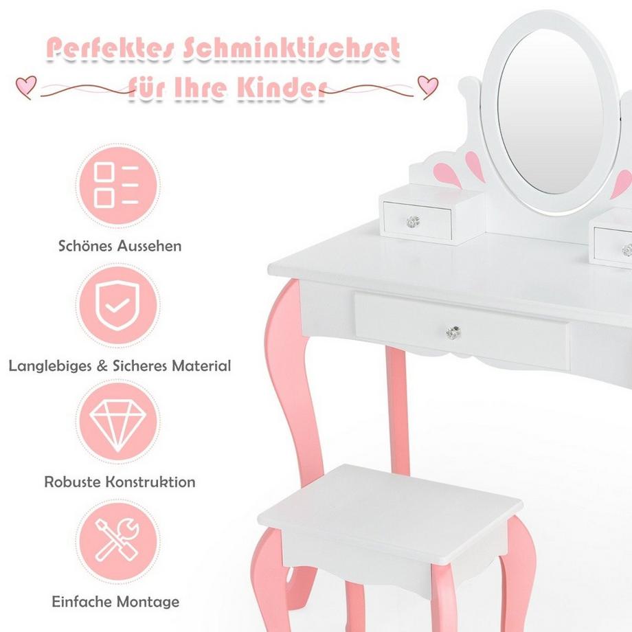 Northix  Coiffeuse enfant avec tabouret Coiffeuse princesse avec 3 tiroirs et miroir blanc 