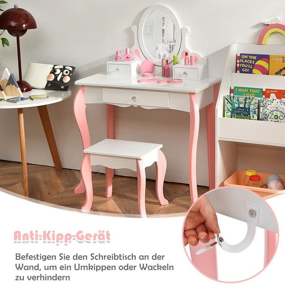 Northix  Coiffeuse enfant avec tabouret Coiffeuse princesse avec 3 tiroirs et miroir blanc 