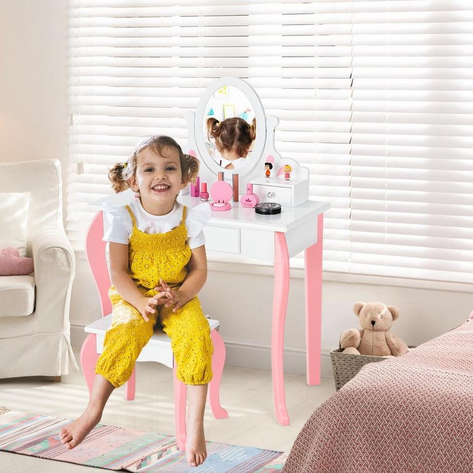 Northix  Coiffeuse enfant avec tabouret Coiffeuse princesse avec 3 tiroirs et miroir blanc 