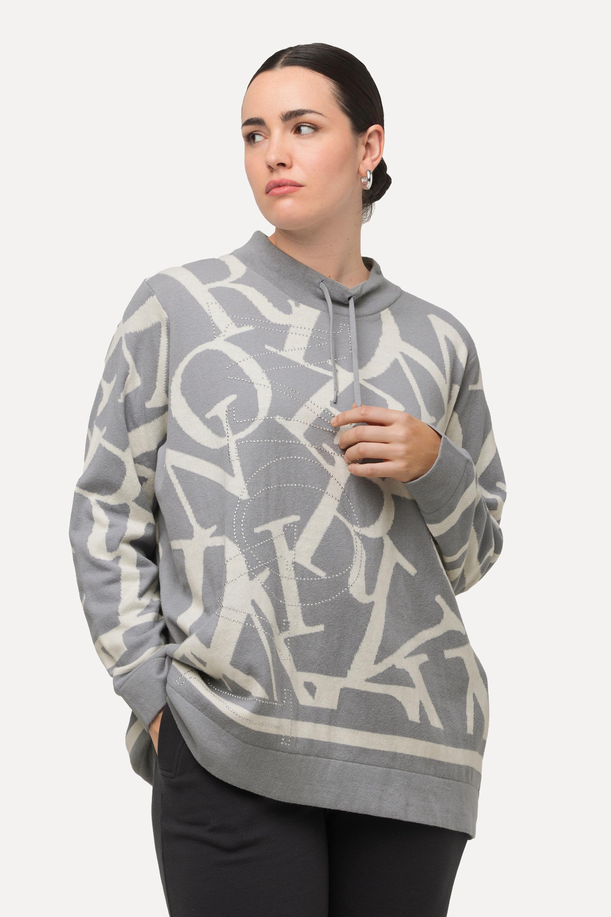 Ulla Popken  Pullover, Buchstaben, Ziernieten, Stehkragen, Langarm 