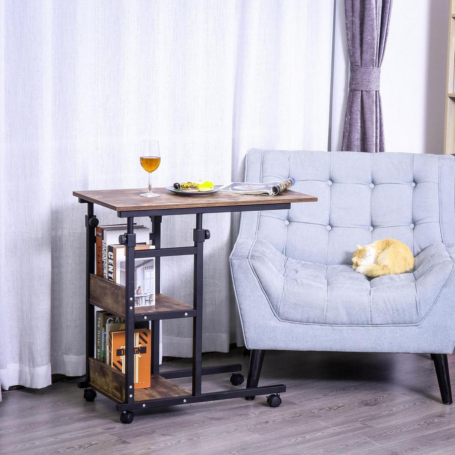 Northio Tavolino con ruote Tavolino regolabile in altezza, 2 ripiani, metallo, nero, 80x40x72-82 cm  