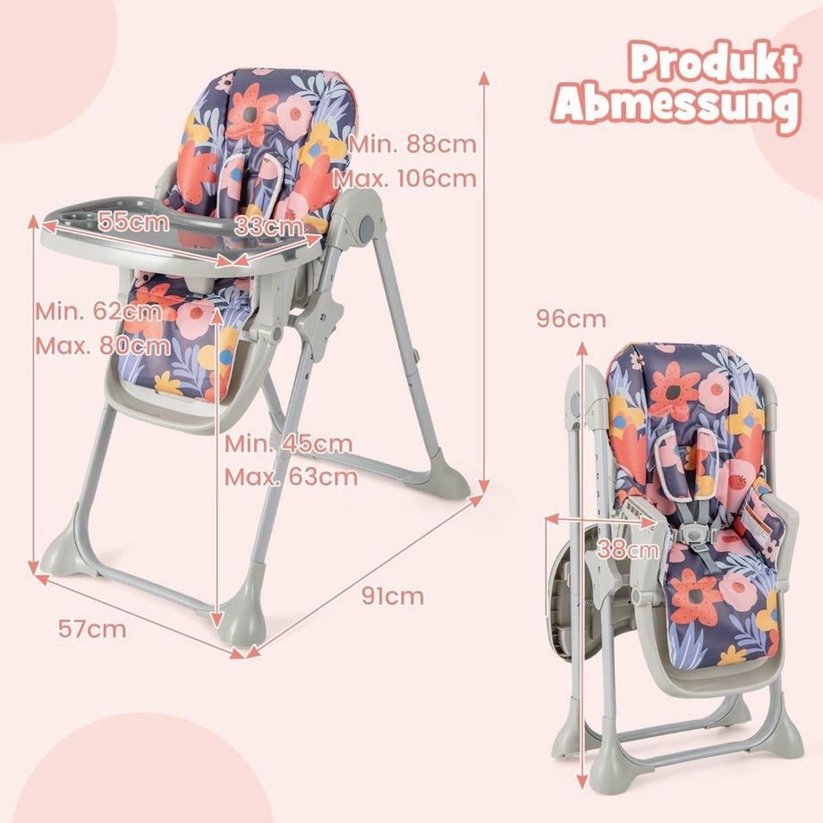 B2X  Chaise haute convertible 6 en 1 pour bébé avec fonctions d'inclinaison et fonction d'inclinaison. Chaise haute pliante double plateau fleurs 