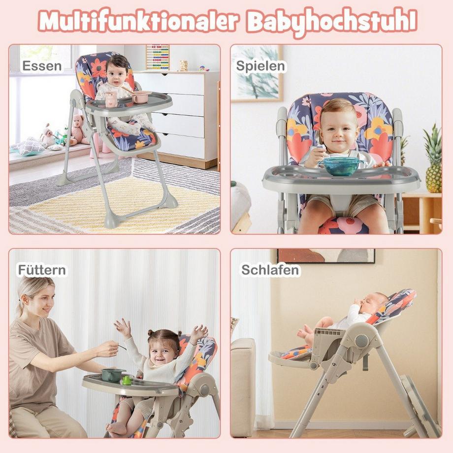 B2X  Chaise haute convertible 6 en 1 pour bébé avec fonctions d'inclinaison et fonction d'inclinaison. Chaise haute pliante double plateau fleurs 
