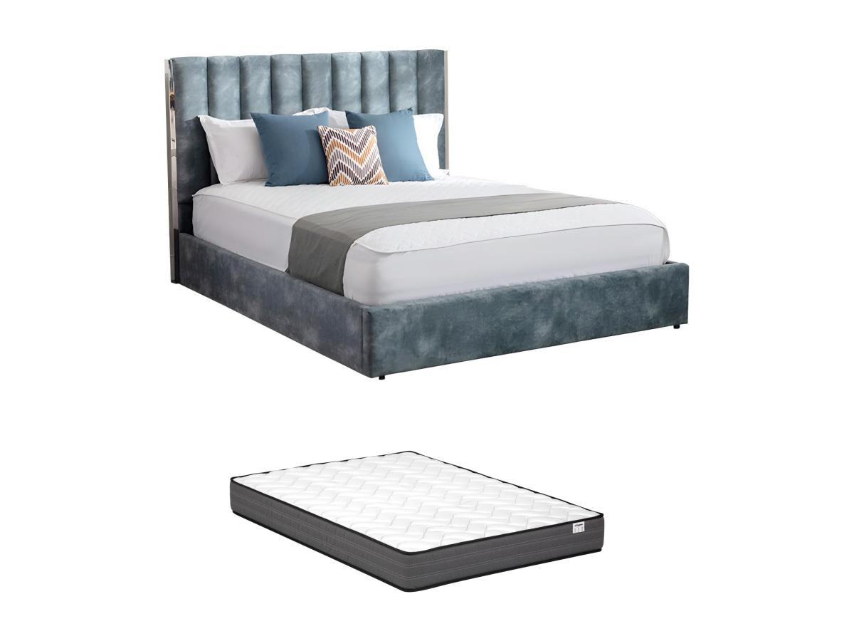 Image of Bett 140 x 190 cm - Kopfteil mit Ziernähten - Samt - Blau + Matratze - FEROYA Bett 140 x 190 cm - Kopfteil mit Ziernähten - Samt - Blau + Matratze - FEROYA