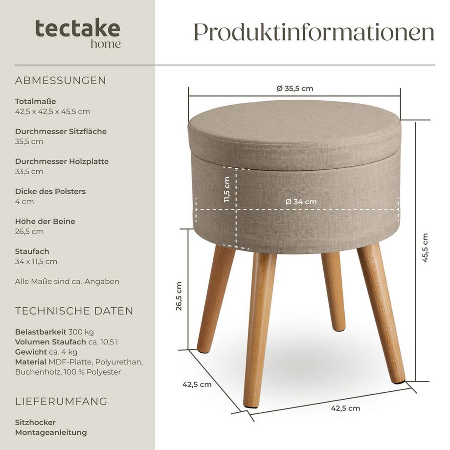 Tectake Sitzhocker mit Stauraum Yara rund Belastbarkeit 300 kg  
