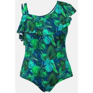 Ulla Popken  Maillot de bain avec bonnets souples. Imprimé jungle et triple bretelle à droite. Volant tout autour du décolleté. 