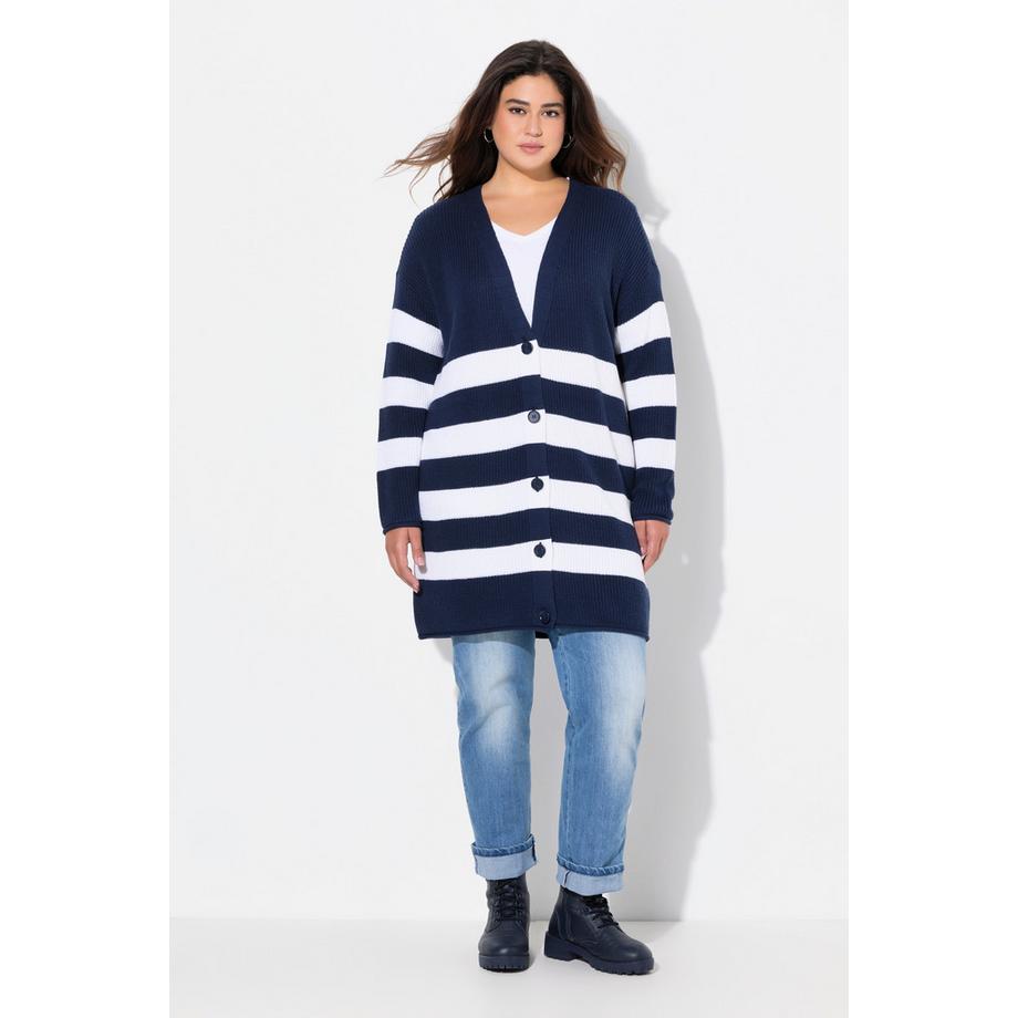 Ulla Popken Cardigan rayé coupe Boxy encolure en V bords roulottés  