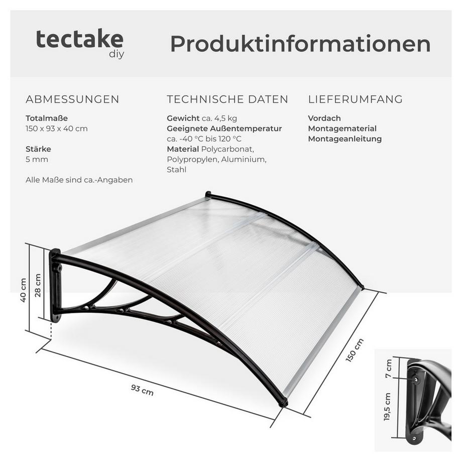 Tectake Vordach  in Bogenform wetterfest  