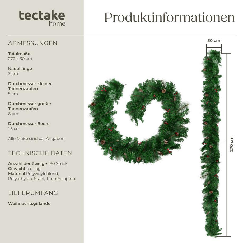Tectake Ghirlanda natalizia   aspetto naturale, 270 cm  