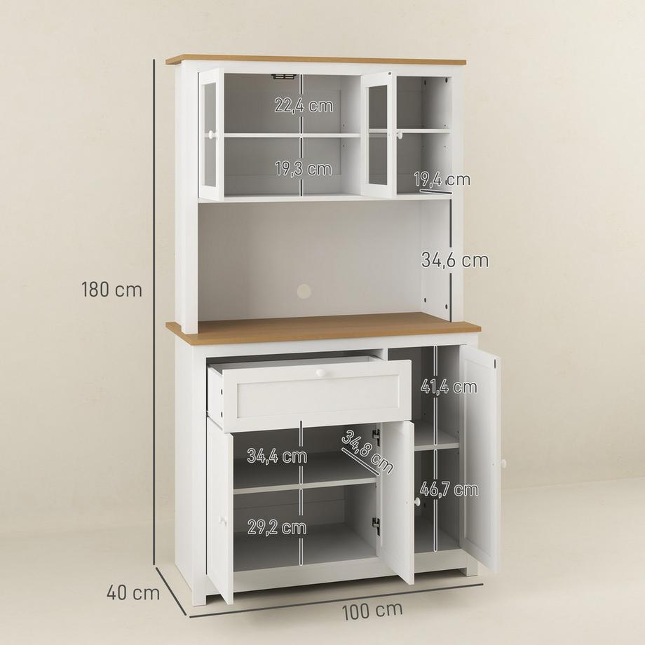 Northio Armoire de cuisine, buffet de cuisine avec tiroir, armoire polyvalente avec 2 niveaux ouverts, 3 armoires, vitrine avec plateau pour salon, blanc, 100 x 40 x 180 cm Aosom  
