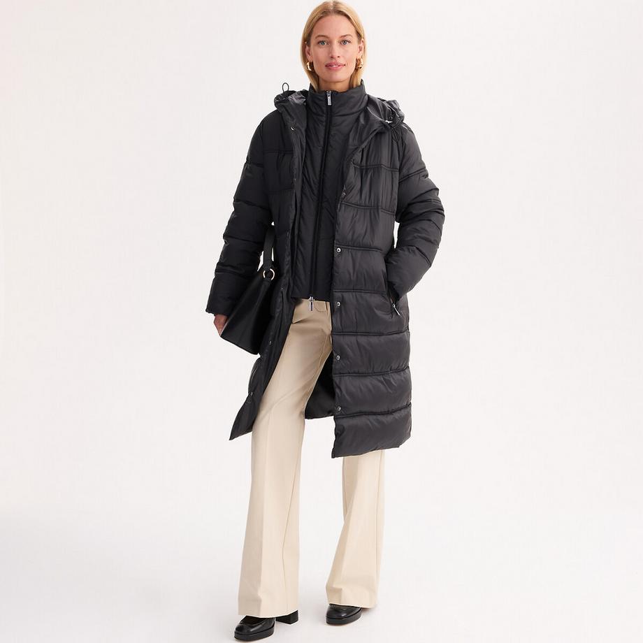 Lange Daunenjacke mit angenähter Kapuze und Reissverschluss