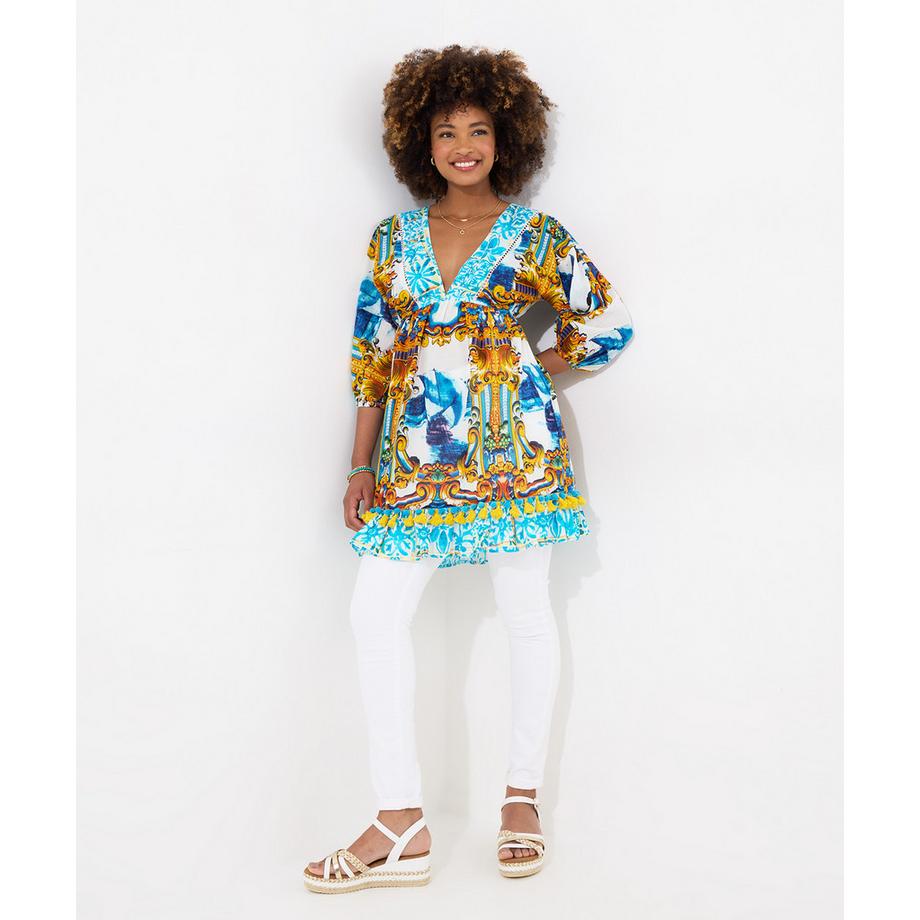 Tunika mit Schiffsdruck und Bommelbesatz