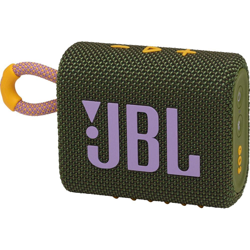 JBL  Go 3 Wasserdichter kabelloser tragbarer Bluetooth-Lautsprecher Grünes und lila Logo 