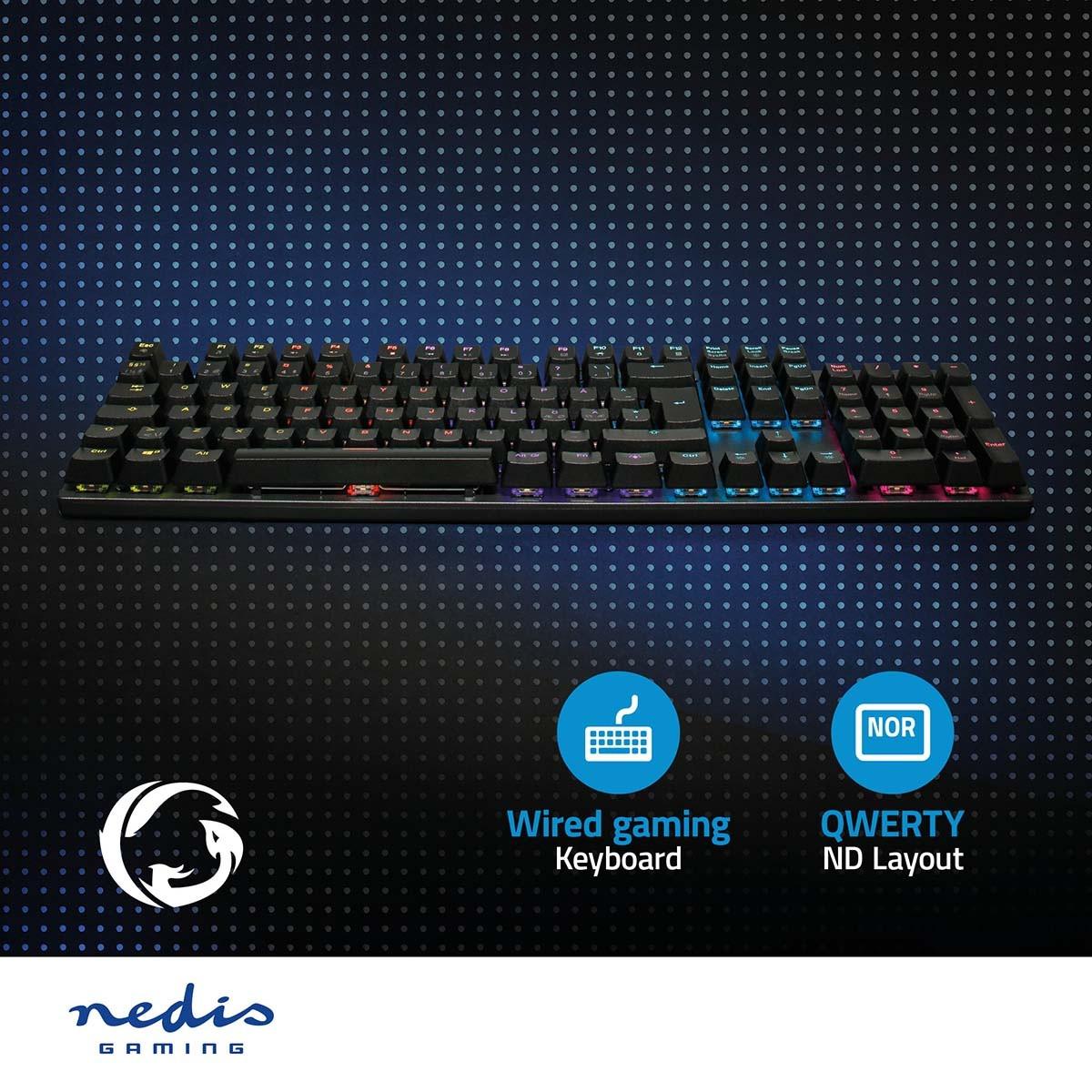 Nedis  Clavier de jeu filaire | USB Type-A | Touches mécaniques | LED | QWERTY | ND Layout | Alimentation USB | Longueur du câble d'alimentation : 1.50 m | Gaming 